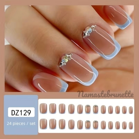 2/$16 Rhinestone Blue French Manicure Press On Nails - Picture 5 of 14